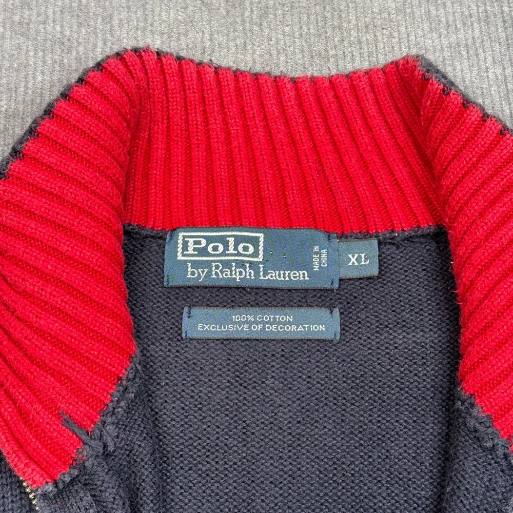 Polo Ralph Lauren Mens XL Quarter Zip Y2k Sweater‎ Navy Blue Red Stripe Cotton